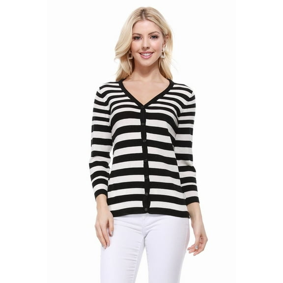 YEMAK Women's 3/4 Sleeve V-Neck Stripe Regular Fit Button-Down Sweater Cardigan-BLACK-S