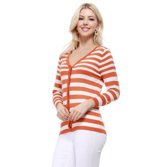 YEMAK Women's 3/4 Sleeve V-Neck Stripe Regular Fit Button-Down Sweater Cardigan-D.ORANGE-S