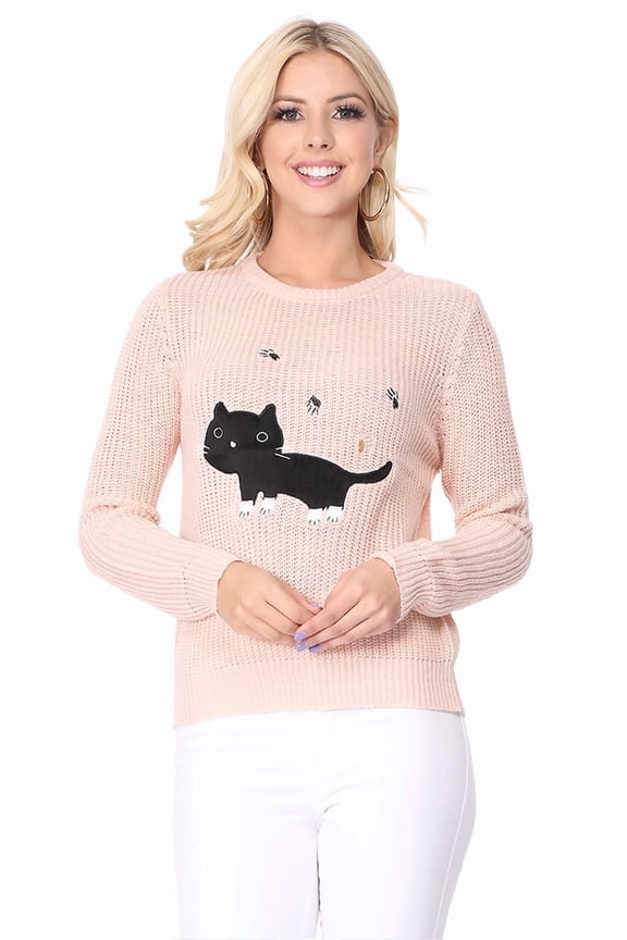 Women's Black Cat Applique Crewneck Long Sleeve Casual Knit Pullover Sweater MK8207-BLS-L