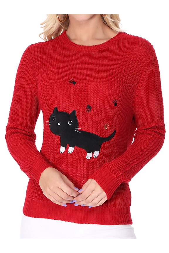 Women's Black Cat Applique Crewneck Long Sleeve Casual Knit Pullover Sweater MK8207-RED-M