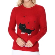 YEMAK Women's Black Cat Applique Crewneck Long Sleeve Casual Knit Pullover Sweater MK8207-RED-M