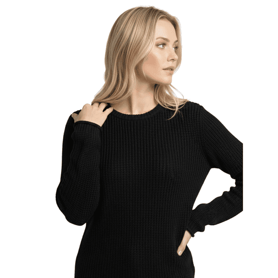 YEMAK Women's Casual Classic Crewneck Waffle Knit Long Sleeve Thin Pullover Sweater MK8176-BLACK-M