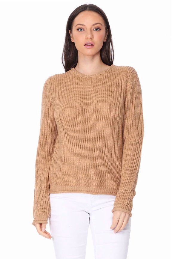 Women's Casual Classic Crewneck Waffle Knit Long Sleeve Thin Pullover Sweater MK8176-COPPER-M