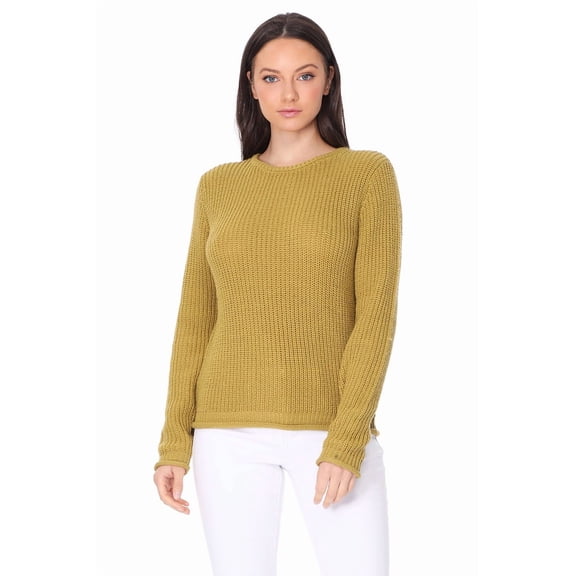 YEMAK Women's Casual Classic Crewneck Waffle Knit Long Sleeve Thin Pullover Sweater MK8176-OLIVE-L