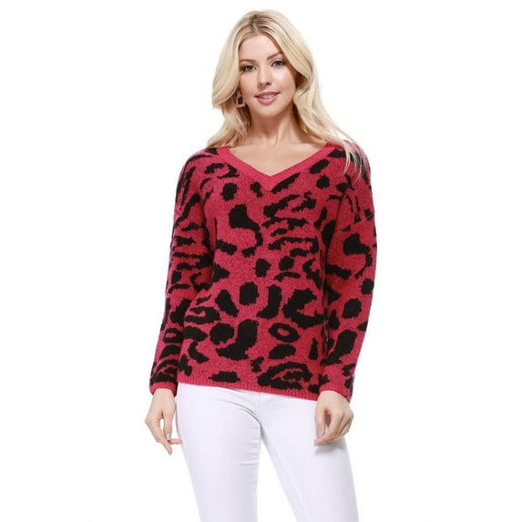 YEMAK Women's Chunky Leopard Patterned V-Neck Long Sleeve Top Sweater Pullover MK8252-MAGENTA/BLACK-L