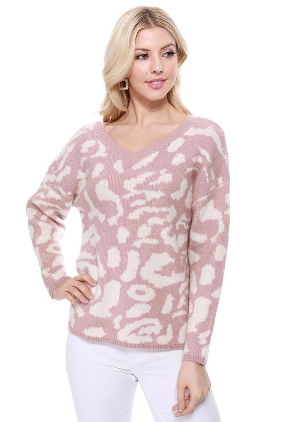 Women's Chunky Leopard Patterned V-Neck Long Sleeve Top Sweater Pullover MK8252-MAUVE/IVORY-M