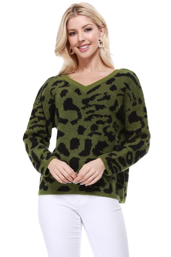 Women's Chunky Leopard Patterned V-Neck Long Sleeve Top Sweater Pullover MK8252-SAGE/BLACK-L