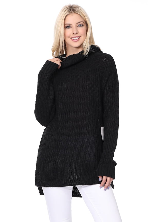Women's Chunky Loose Oversized Turtleneck Knit Tunic Long Sweater Top MK3660-BLACK-L