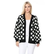 YEMAK Women's Chunky Polka Dot Open Front Long Sleeve Jacket Sweater Cardigan HK8254-BLACK/IVORY-ML