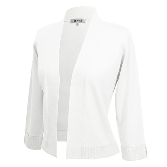 YEMAK Women's Classic 3/4 Sleeve Open Front Cropped Bolero Cardigan MK3558 (S-XL)-WHITE-M
