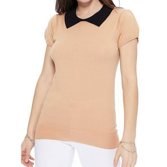 YEMAK Women's Classic Contrast Collar Short Sleeve Knit Pullover Sweater MK3591-TAN/BLK-M