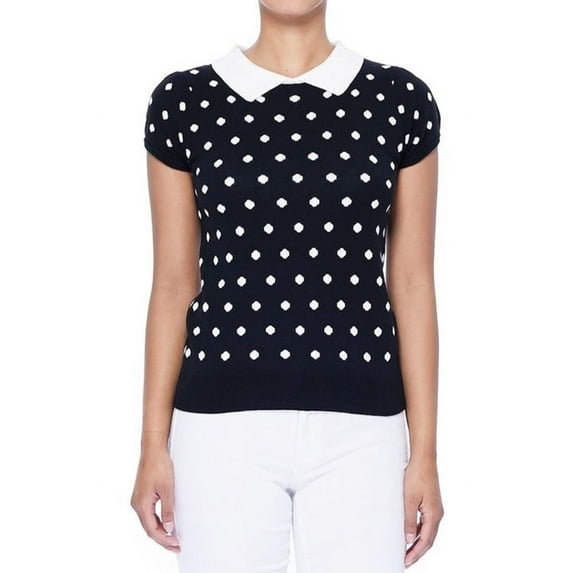 YEMAK Women's Classic Polka Dot Contrast Collar Short Sleeve Casual Pullover Sweater MK3673-BLK/IVR-L