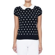 YEMAK Women's Classic Polka Dot Contrast Collar Short Sleeve Casual Pullover Sweater MK3673-BLK/IVR-L