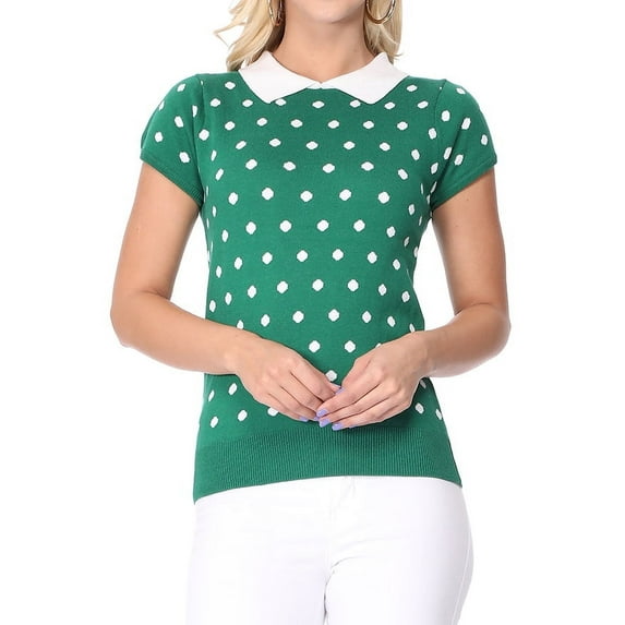 YEMAK Women's Classic Polka Dot Contrast Collar Short Sleeve Casual Pullover Sweater MK3673-KELLYGREEN/IVORY-S