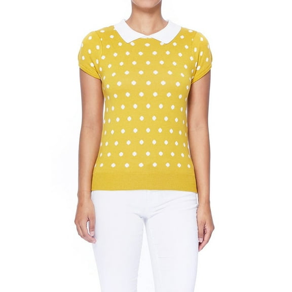 YEMAK Women's Classic Polka Dot Contrast Collar Short Sleeve Casual Pullover Sweater MK3673-MOS/IVR-M