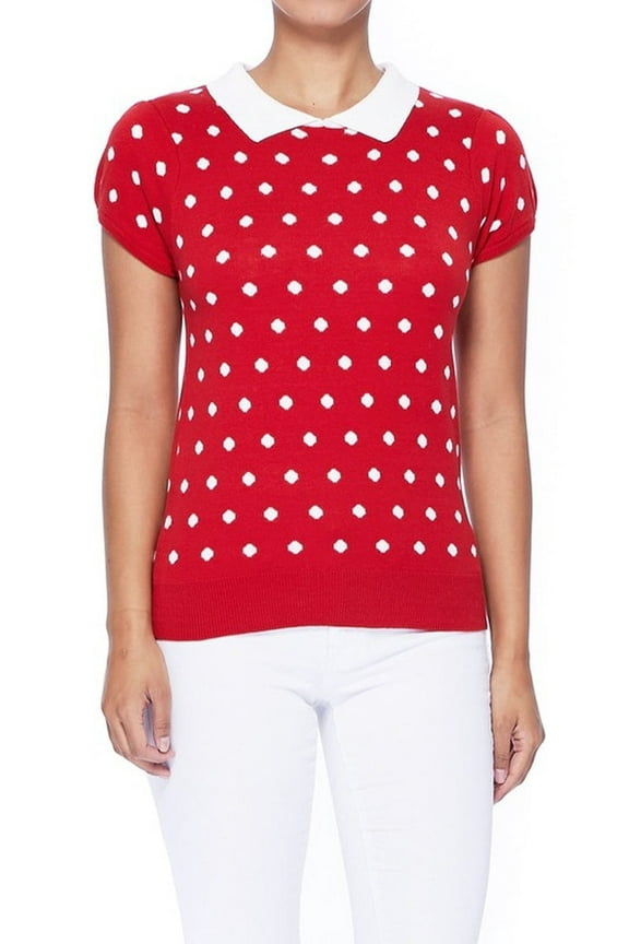 Women's Classic Polka Dot Contrast Collar Short Sleeve Casual Pullover Sweater MK3673-RED/IVR-L