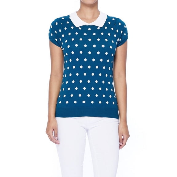 YEMAK Women's Classic Polka Dot Contrast Collar Short Sleeve Casual Pullover Sweater MK3673-TBL/IVR-L