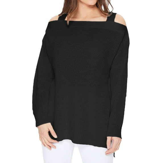YEMAK Women's Cold Shoulder Long Sleeve Knit Tunic Top Pullover Sweater MK3631-BLK-M