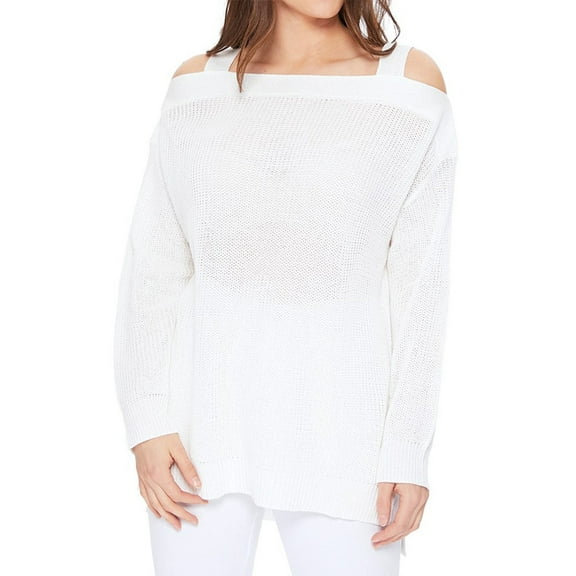 YEMAK Women's Cold Shoulder Long Sleeve Knit Tunic Top Pullover Sweater MK3631-IVR-S