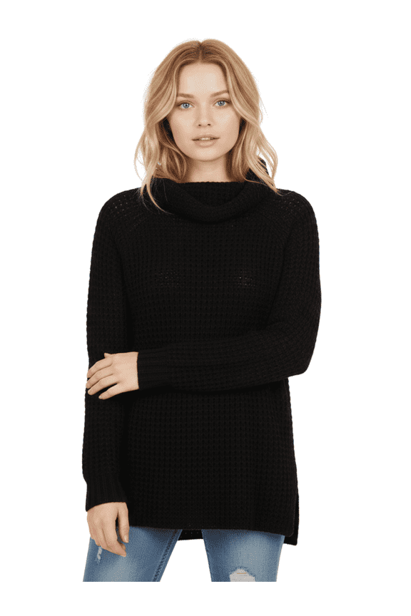 Women's Cowl Neck High Low Hem Side Slit Pop-Corn Knit Casual Loose Oversized Tunic Sweater MK3650-BLK-M-BD