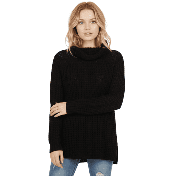 YEMAK Women's Cowl Neck High Low Hem Side Slit Pop-Corn Knit Casual Loose Oversized Tunic Sweater MK3650-BLK-S-BD