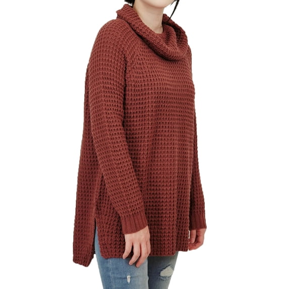 YEMAK Women's Cowl Neck High Low Hem Side Slit Pop-Corn Knit Casual Loose Oversized Tunic Sweater MK3650-BUR-S-BD