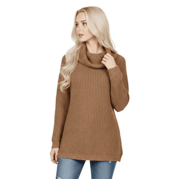 YEMAK Women's Cowl Neck High Low Hem Side Slit Pop-Corn Knit Casual Loose Oversized Tunic Sweater MK3650-COR-M-BD