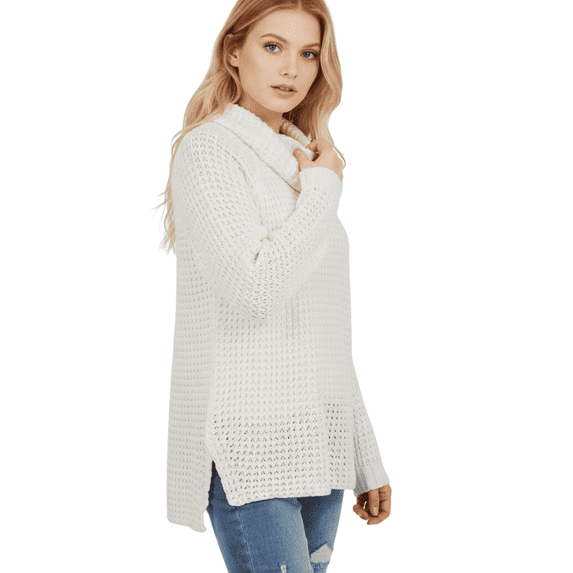 YEMAK Women's Cowl Neck High Low Hem Side Slit Pop-Corn Knit Casual Loose Oversized Tunic Sweater MK3650-IVR-S-BD