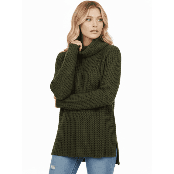 YEMAK Women's Cowl Neck High Low Hem Side Slit Pop-Corn Knit Casual Loose Oversized Tunic Sweater MK3650-OLV-L-BD