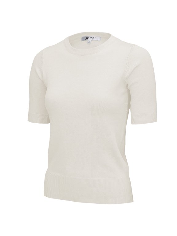 Women's Crewneck 1/2 Sleeve Basic Casual Knit Pullover Sweater MK3664-IVR-L