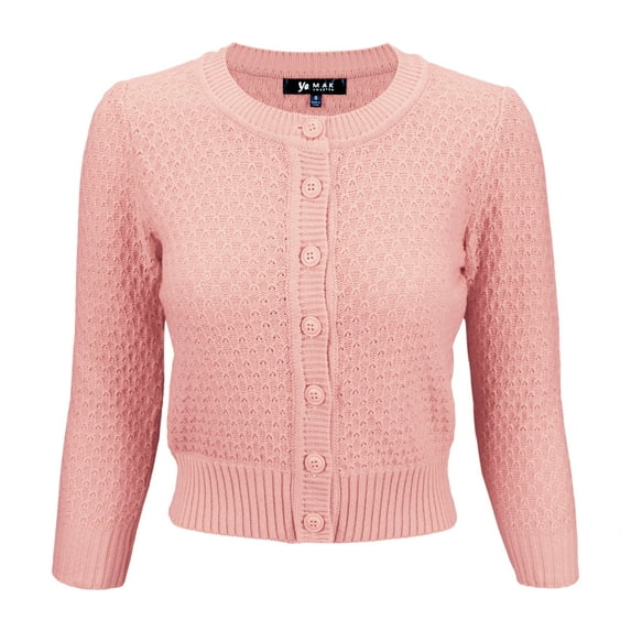 YEMAK Women's Crewneck Button Down 3/4 Sleeve Cropped Knit Cardigan Sweater MK3514