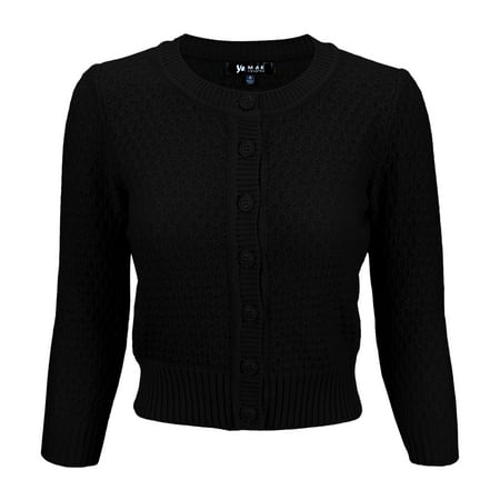 YEMAK Women's Crewneck Button Down 3/4 Sleeve Cropped Knit Cardigan Sweater MK3514