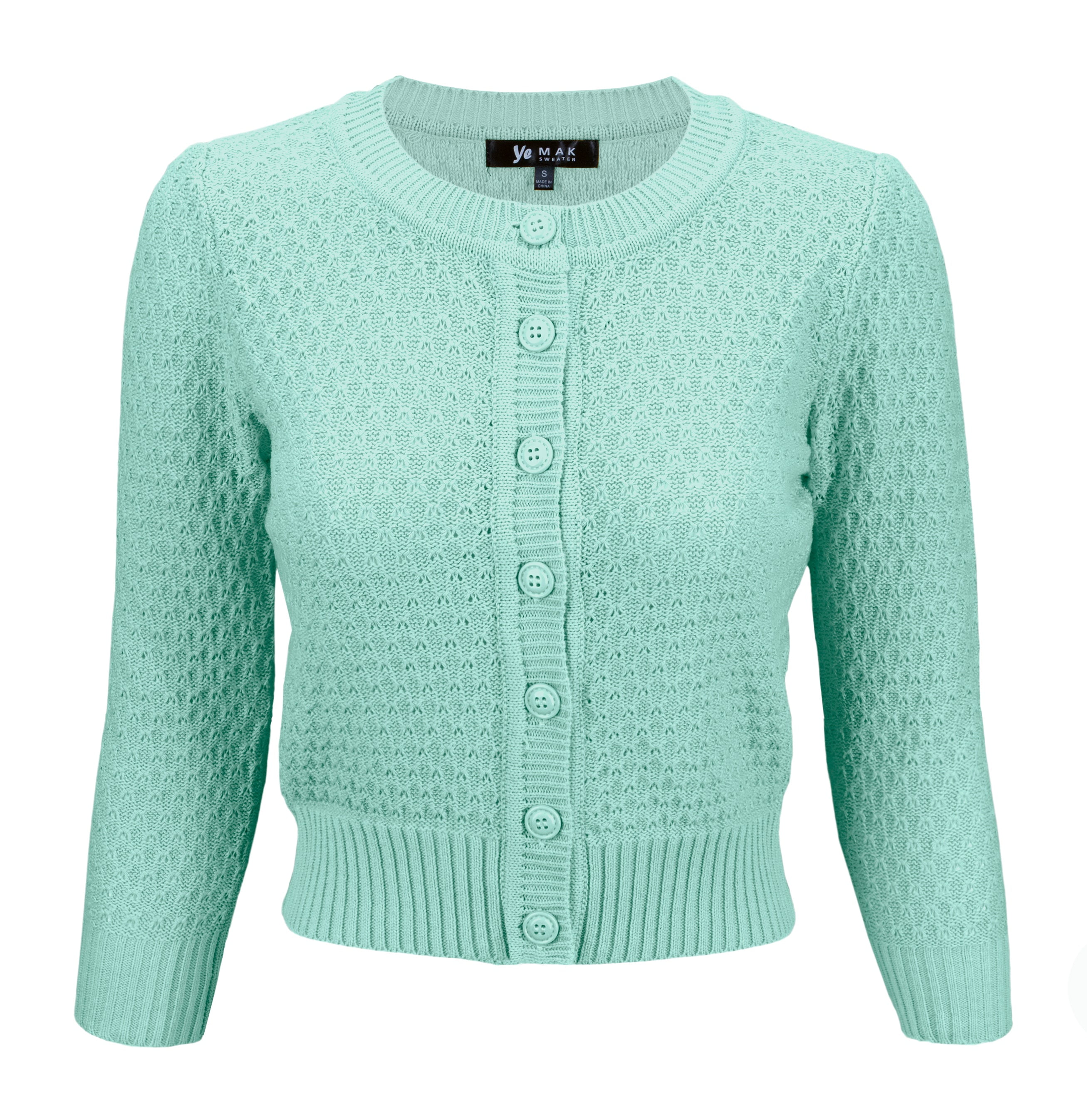 YEMAK Women's Crewneck Button Down 3/4 Sleeve Cropped Knit Cardigan Sweater MK3514
