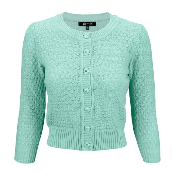 YEMAK Women's Crewneck Button Down 3/4 Sleeve Cropped Knit Cardigan Sweater MK3514