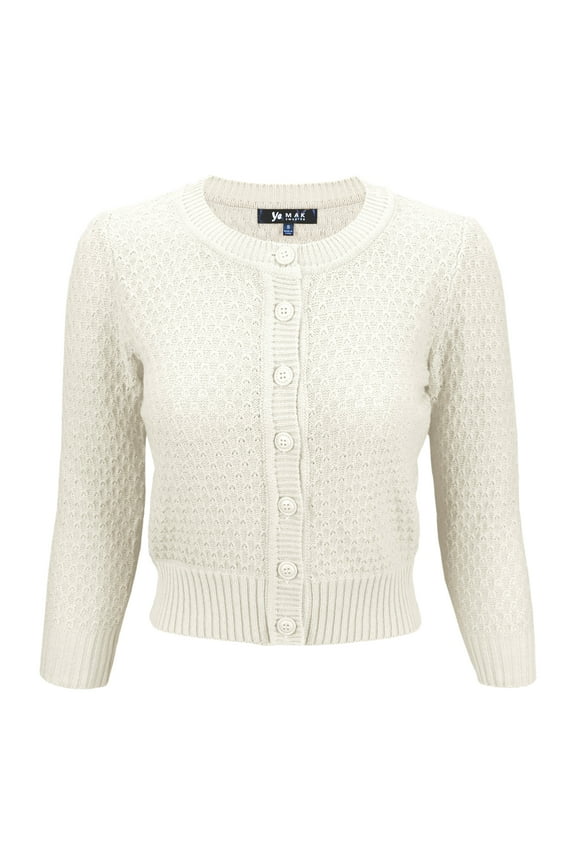 Women's Crewneck Button Down 3/4 Sleeve Cropped Knit Cardigan Sweater MK3514