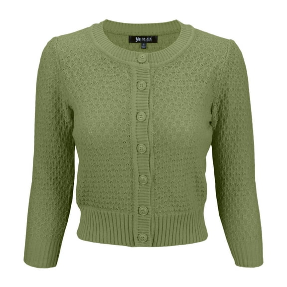 YEMAK Women's Crewneck Button Down 3/4 Sleeve Cropped Knit Cardigan Sweater MK3514