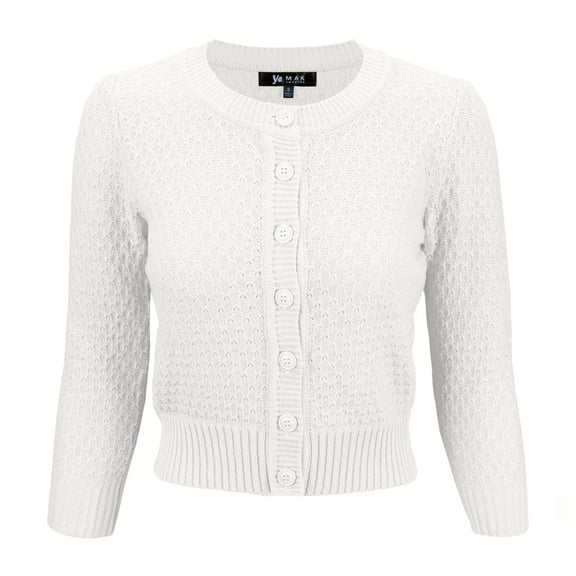 YEMAK Women's Crewneck Button Down 3/4 Sleeve Cropped Knit Cardigan Sweater MK3514