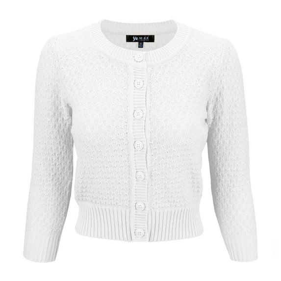 YEMAK Women's Crewneck Button Down 3/4 Sleeve Cropped Knit Cardigan Sweater MK3514