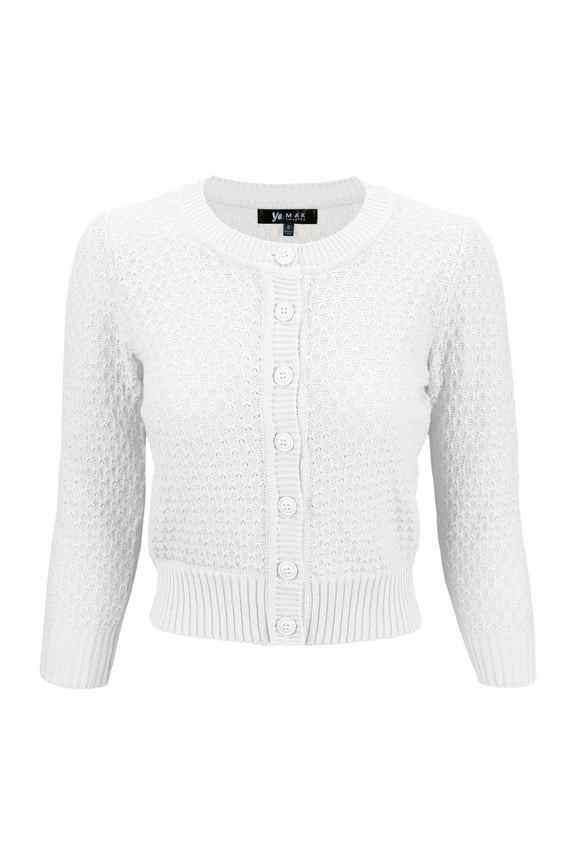 Women's Crewneck Button Down 3/4 Sleeve Cropped Knit Cardigan Sweater MK3514