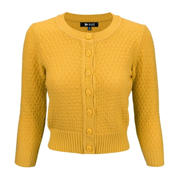 YEMAK Women's Crewneck Button Down 3/4 Sleeve Cropped Knit Cardigan Sweater MK3514