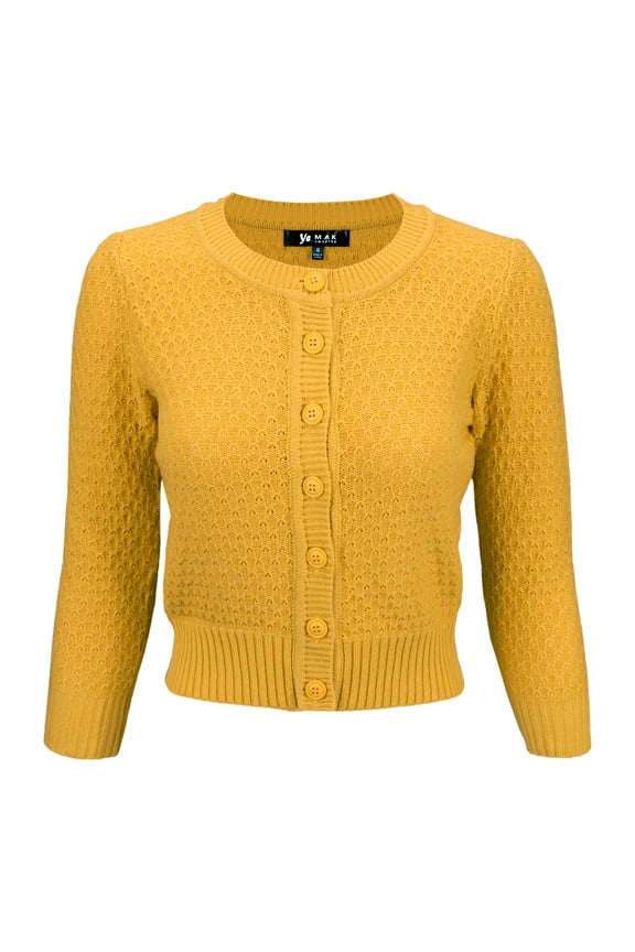 Women's Crewneck Button Down 3/4 Sleeve Cropped Knit Cardigan Sweater MK3514