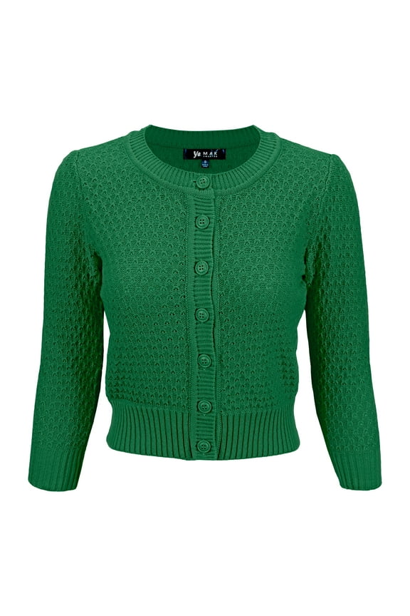 Women's Crewneck Button Down 3/4 Sleeve Cropped Knit Cardigan Sweater MK3514