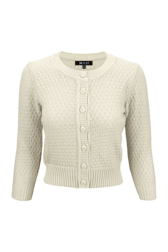 Women's Crewneck Button Down 3/4 Sleeve Cropped Knit Cardigan Sweater MK3514