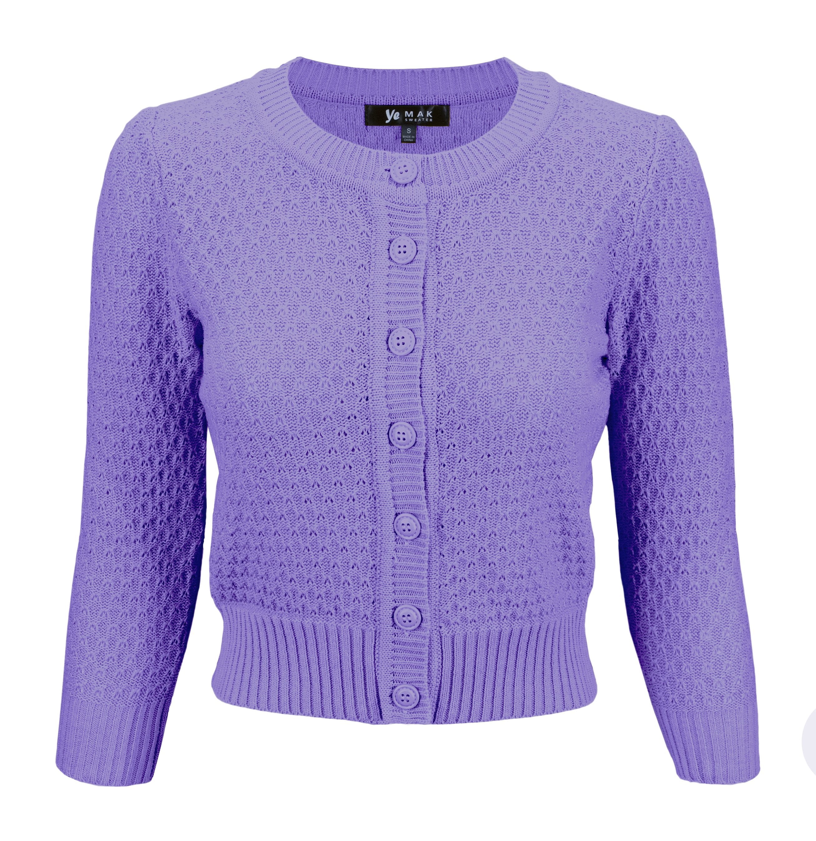 YEMAK Women's Crewneck Button Down 3/4 Sleeve Cropped Knit Cardigan Sweater MK3514
