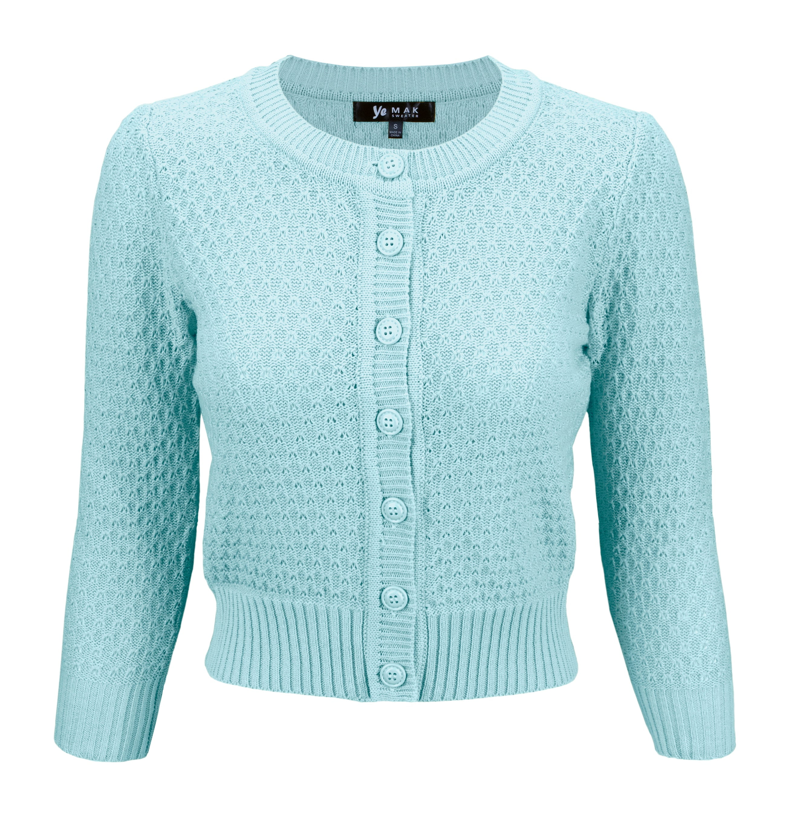 YEMAK Women's Crewneck Button Down 3/4 Sleeve Cropped Knit Cardigan Sweater MK3514