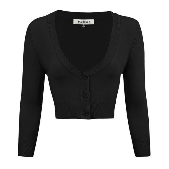 YEMAK Women's Cropped Bolero 3/4 Sleeve Button Down Cardigan Sweater CO129-BLK-2X