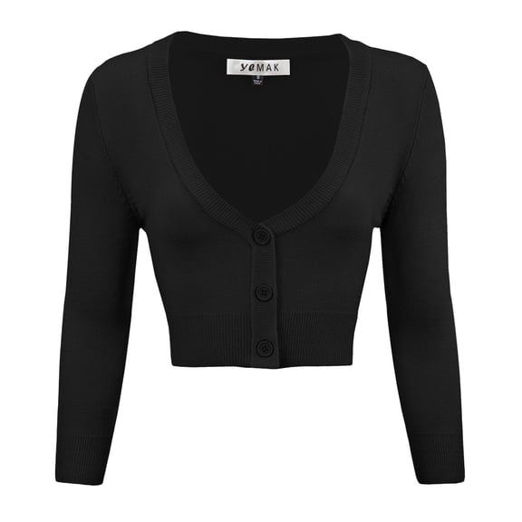 YEMAK Women's Cropped Bolero 3/4 Sleeve Button Down Cardigan Sweater CO129-BLK-L
