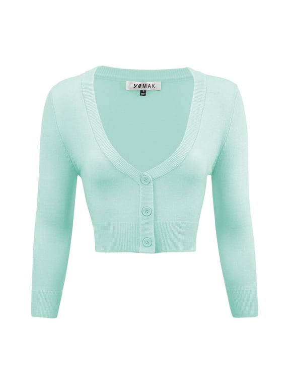 Women's Cropped Bolero 3/4 Sleeve Button Down Cardigan Sweater CO129-IBL-L
