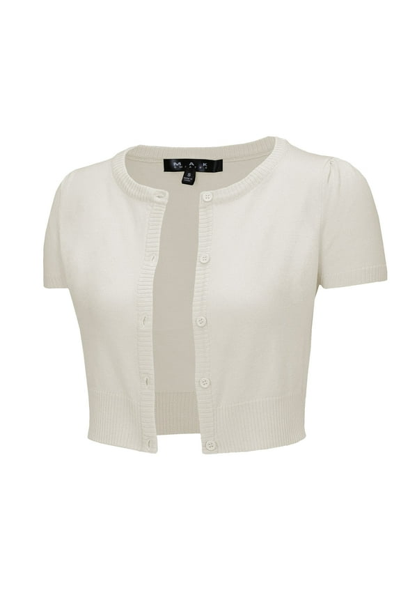 Women's Cropped Bolero Button Down Short Sleeve Cardigan Sweater CB0536-IVR-M