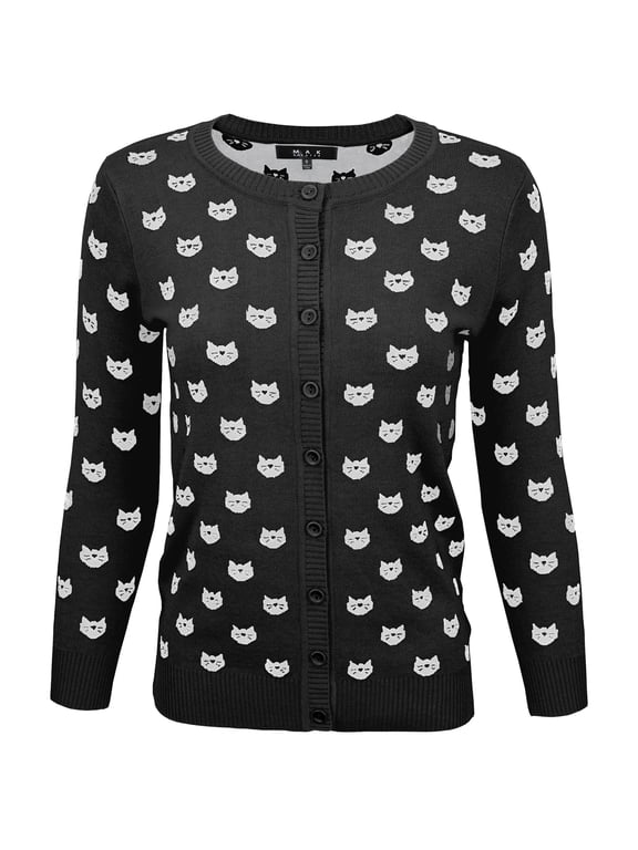 Women's Cute Cat Pattern 3/4 Sleeve Button Down Stylish Cardigan Sweater MK3466-BLK/IVR-L